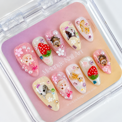 Pink & yellow cute cat strawberry press on nails PO225