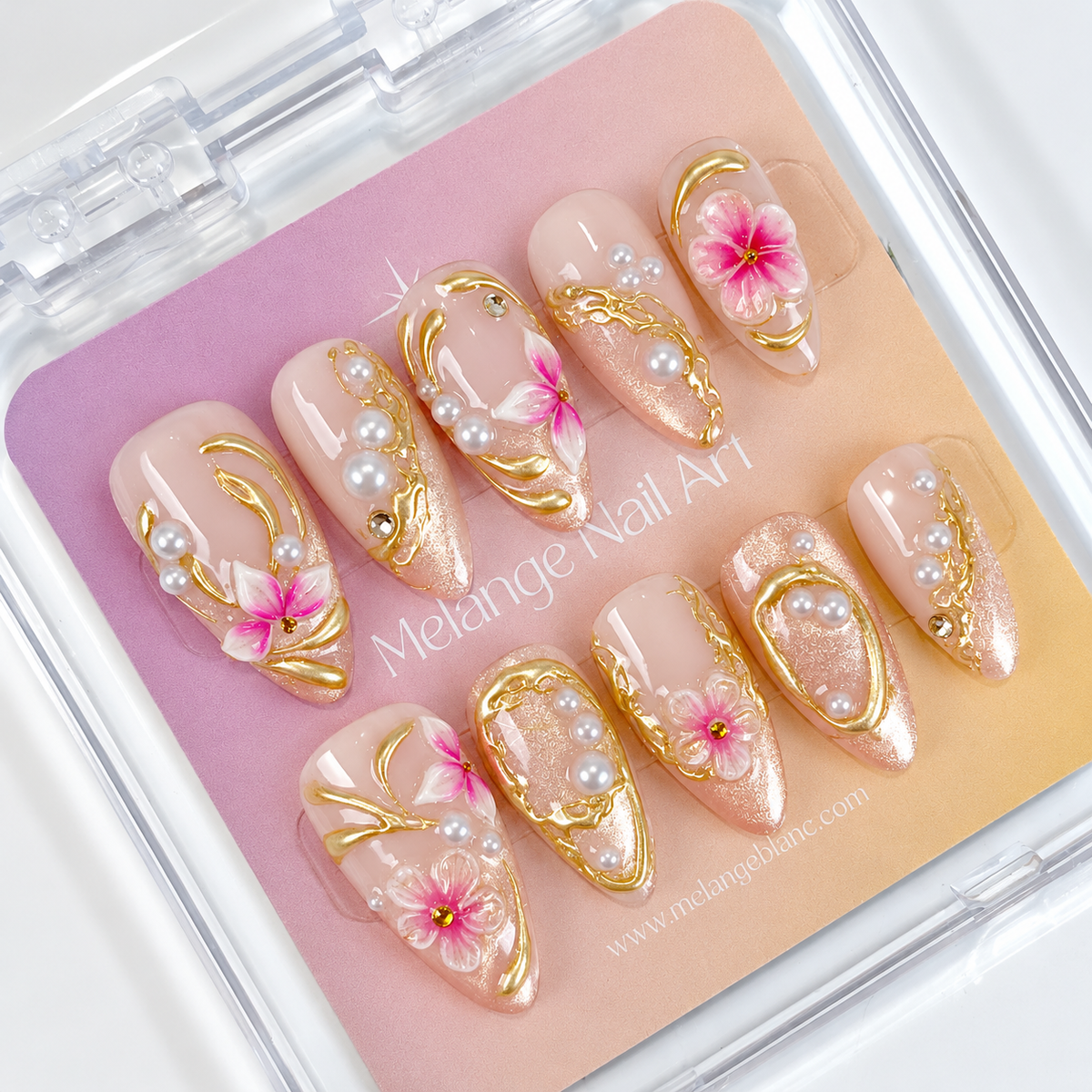 Glitter pink cat eye floral chrome press on nails PO228