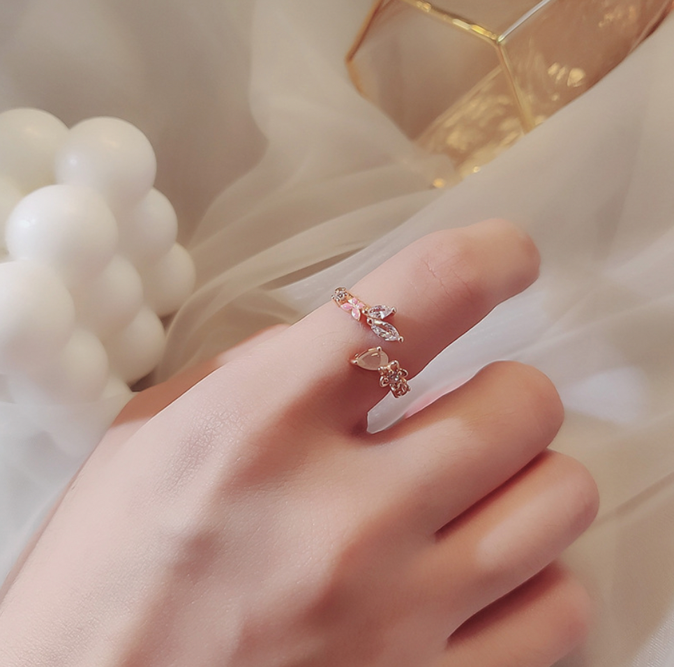 R013 rose gold pink gem crystal open flower ring sale