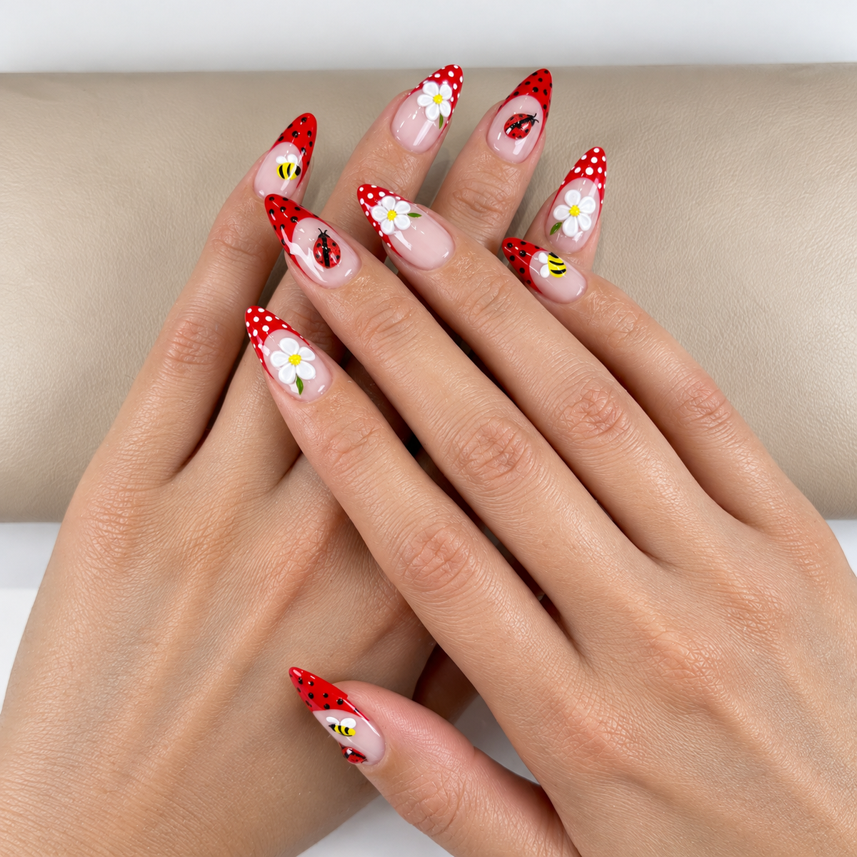 Red french tips polkadot ladybug press on nails PO229