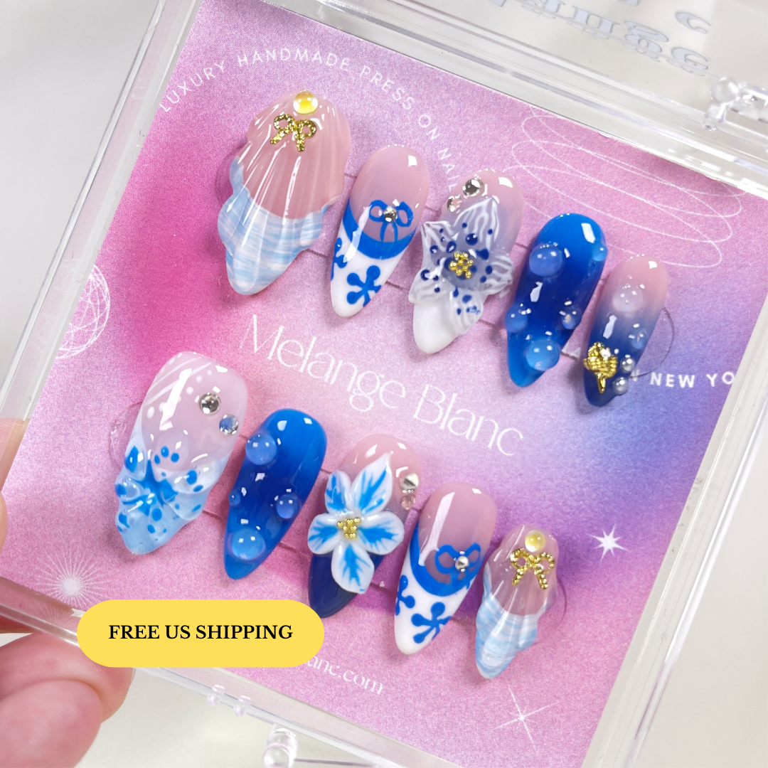 PO092 blue orchid flower ocean theme press on nails