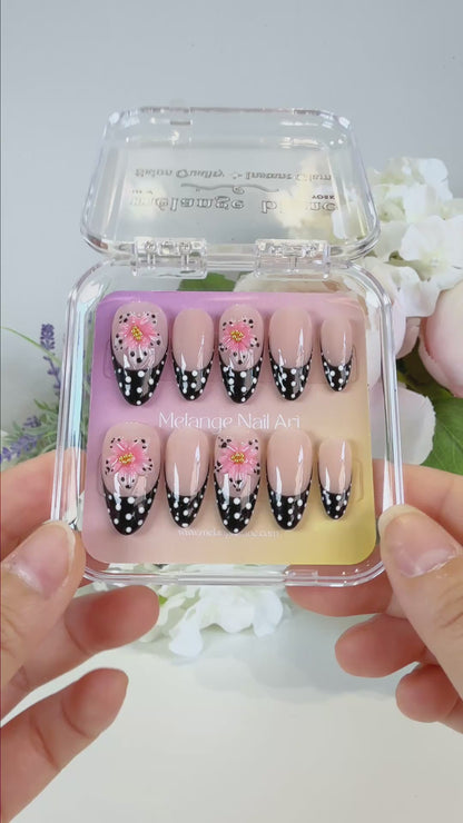 Polka Dot French 3D Flower Press On Nails