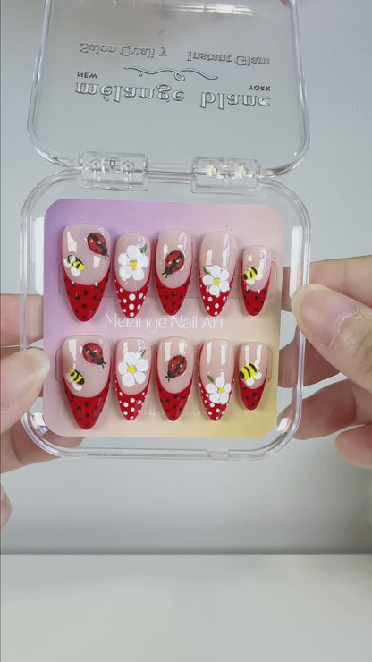Red french tips polkadot ladybug press on nails PO229