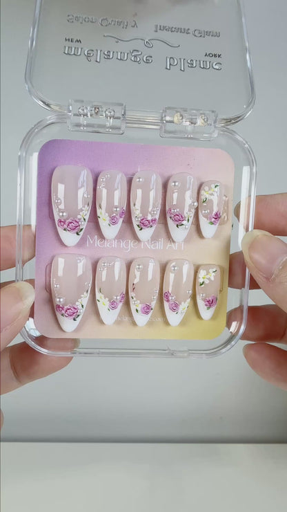 White french floral with pearls press on nails PO227