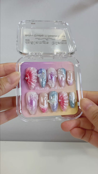 Blue & purple ombre glazed flower press on nails PO212