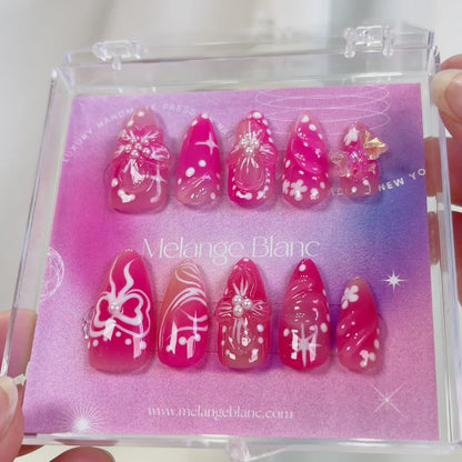 PO058 3d pink flower bloom press on nails