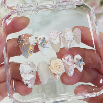 PO011 3D flower wedding bridal almond press on nails
