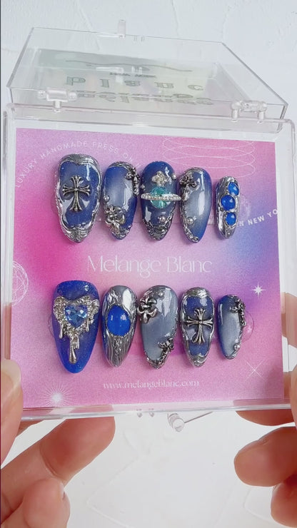 Blue Cat Eye with Silver Chrome Gothic Almond Press On Nails - RTS