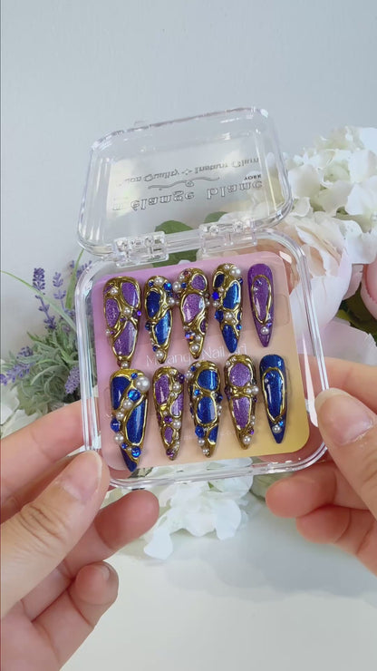 Luxury Purple Cat Eye Gold Chrome Press On Nails