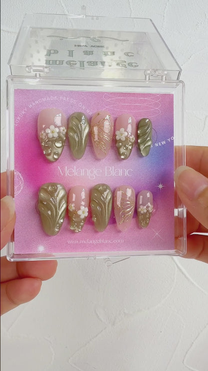 Green Cat Eye Butterlfy Floral Press On Nails