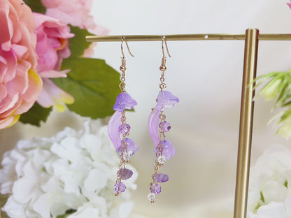 E196 purple lily flower long dangle earrings