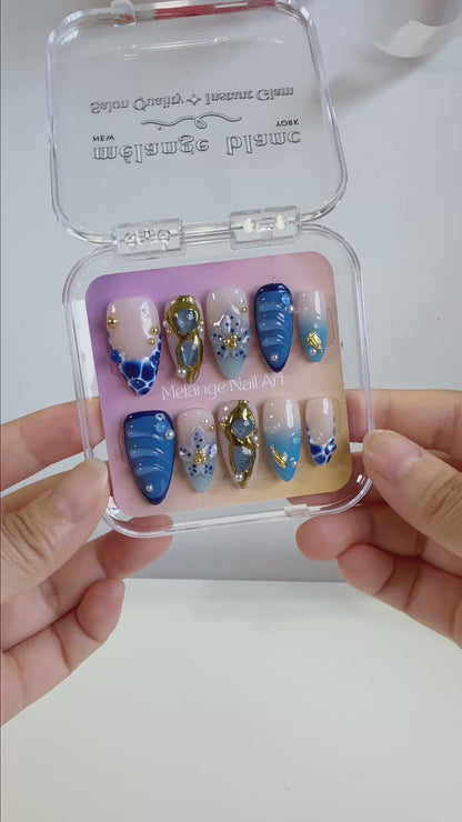 Ocean blue flower beach with gold chrome press on nails PO210