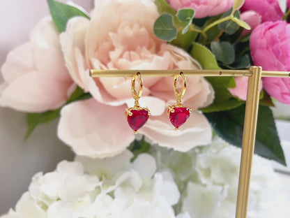 E149 red heart dangle huggie hoop earrings