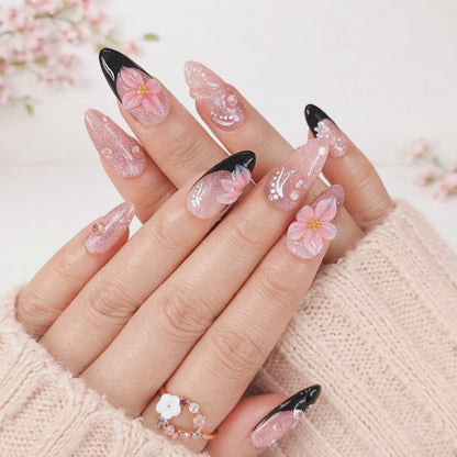 Pink cat eye 3d flower with black french tips press on nails