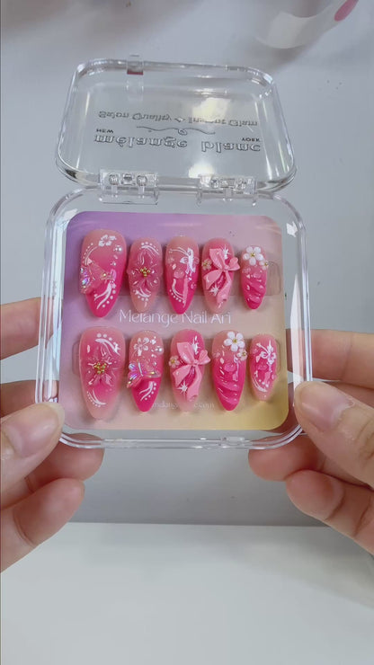 Pink flower with butterfly & bow ombre press on nails PO209