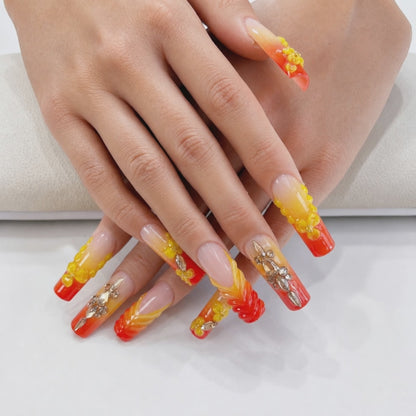 Red Orange Ombre Yellow Flower Crystal Press On Nails
