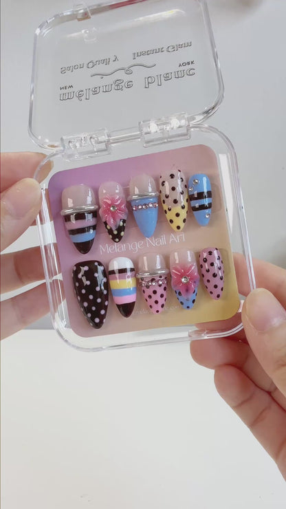 Y2K stripe polkadot 3D flower bangle press on nails PO216