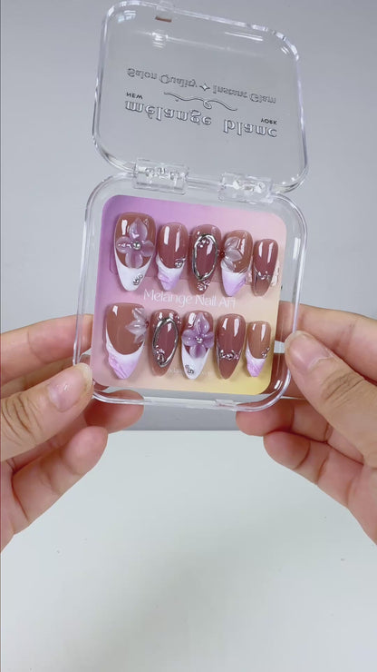 Purple ombre french tips with 3D flower & silver chrome press on nails PO200