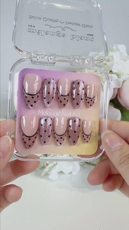 Pink Cateye Polkadot French Tips Press on Nails