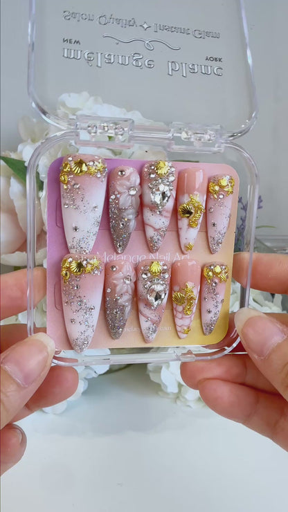 White Blooming Ombre Glitter Bling Long Stiletto Press on Nails