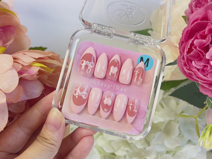 PO012 pink bow heart french almond press on nails