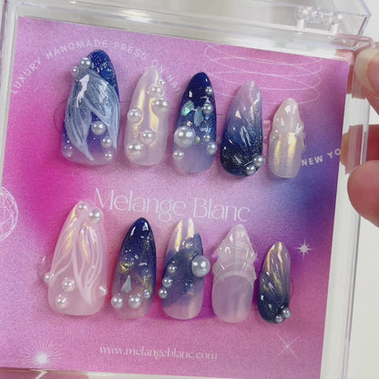 PO056 blue ocean mermaid almond press on nails