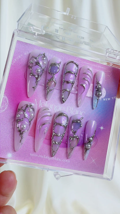 Glazed purple ombre with silver chrome long stiletto press on nails RTS PO113
