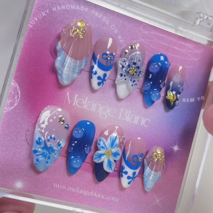 PO092 blue orchid flower ocean theme press on nails