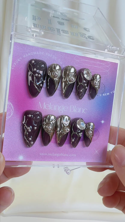 Black & Silver 3D Chrome with Rhinestone gems press on nails