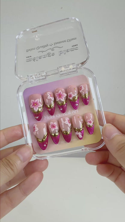 Pink french tips 3D flower gold chrome press on nails PO191