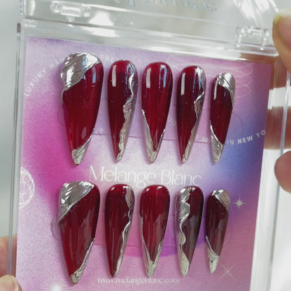 Red Gothic & Silver Chrome Stiletto Press On Nails- RTS