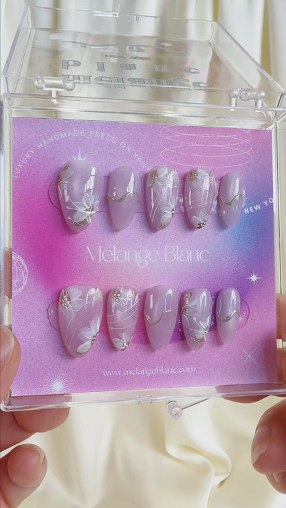 Lilac flower cat eye chrome almond press on nails - RTS