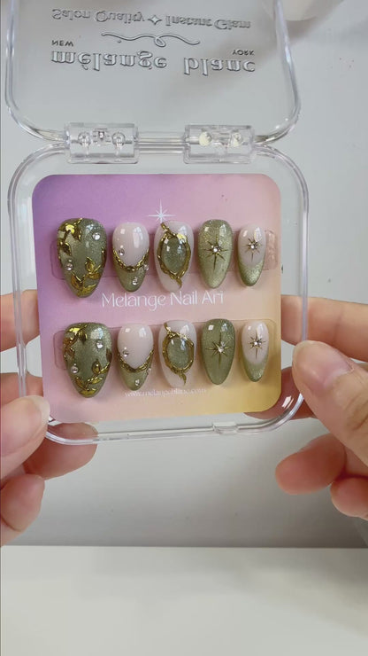 Jade cat eye gold chrome short almond press on nails PO166 - RTS