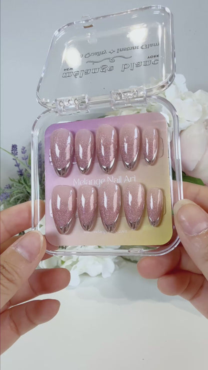 Pink Cat Eye Silver Chrome French Tips Press On Nails