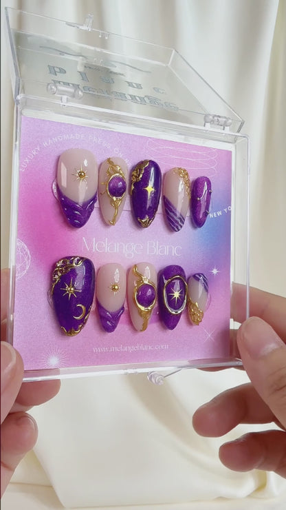 Purple cat eye gold chrome press on nails - RTS