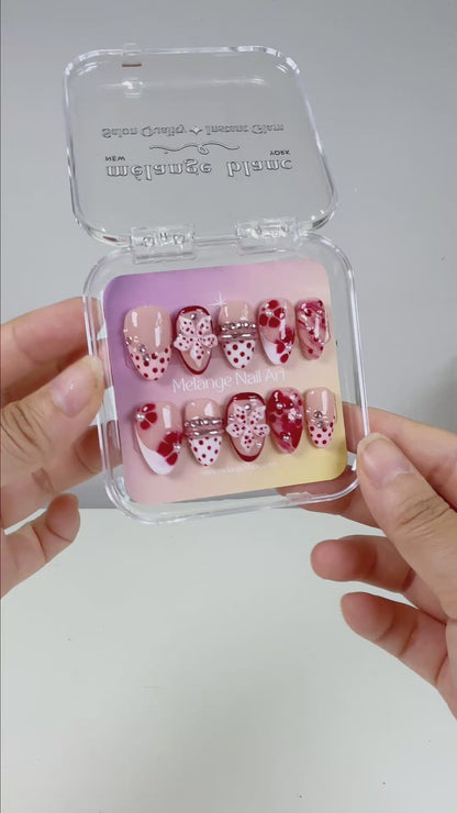 Red polkadot 3D flower ombre chrome bangle press on nails PO202
