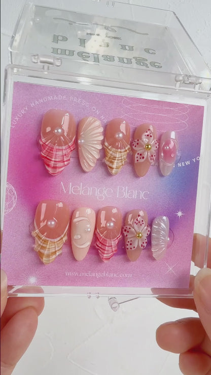Cute Pink 3D Flower Seashell Press On Nails
