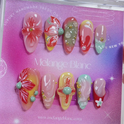 PO093 colorful flower garden almond press on nails