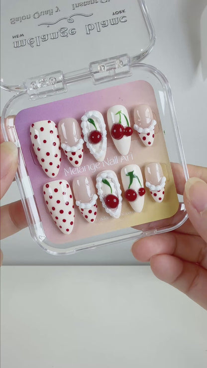 Cherry cake polkadot press on nails PO226