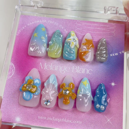 Tropical beach flower & starfish Y2K press on nails RTS PO046