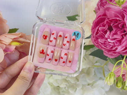 PO013 cute pink heart french tip coffin press on nails