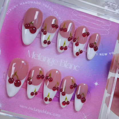 Red cherry white french tips almond press on nails - RTS