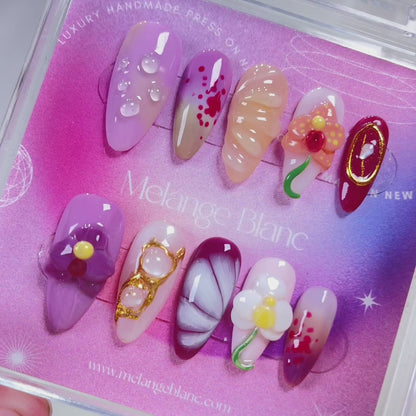 PO094 purple orchid flower almond press on nails