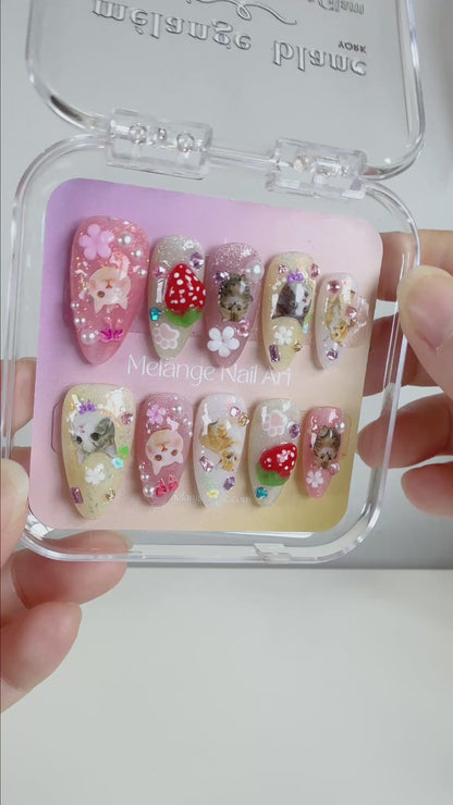 Pink & yellow cute cat strawberry press on nails PO225