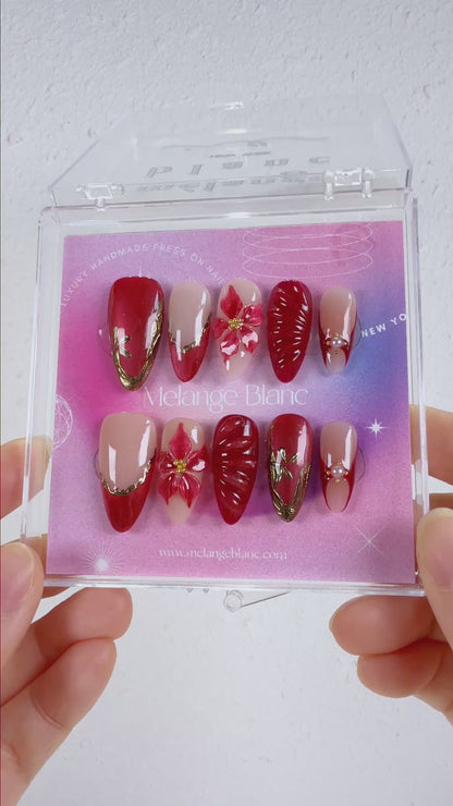 Red flower cat eye chrome press on nails