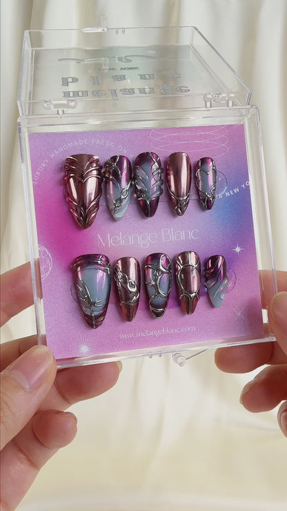 Gothic purple & silver chrome punk y2k press on nails RTS PO119
