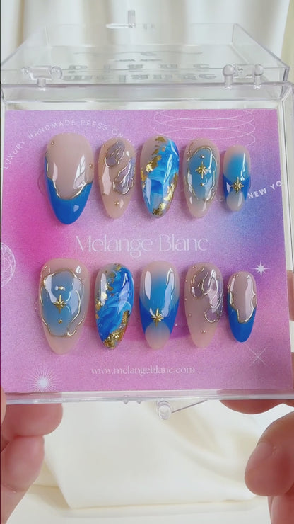 Blue ombre with gold chrome press on nails