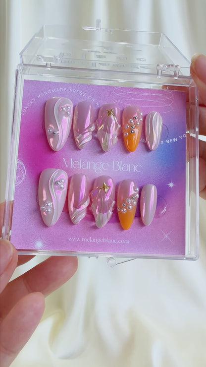 Tropical beach iridescent pink glazed press on nails PO110