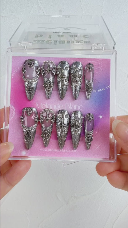 Gothic silver chrome 3D punk press on nails RTS PO149
