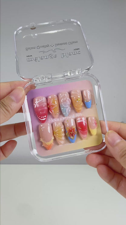 Tropical 3D Flower Sunset Ocean Ombre Press On Nails PO188